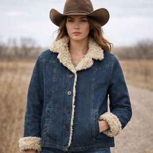 VTG Y2K Esprit Sherpa Denim Jacket Womens M Jean Trucker Western Ranch Boho Coat